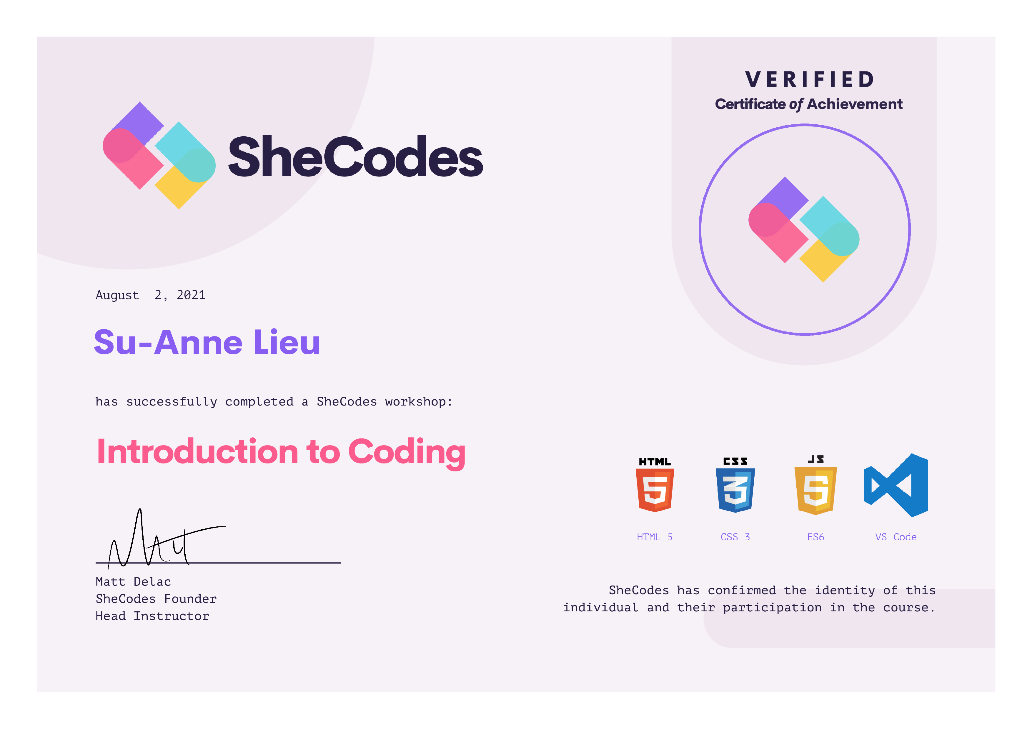 SheCodes Plus Certificate